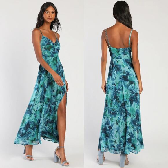 NWT Lulus Beautiful Soul Teal Green Floral Print Twist-Front Maxi Dress Size XXL - Picture 1 of 6